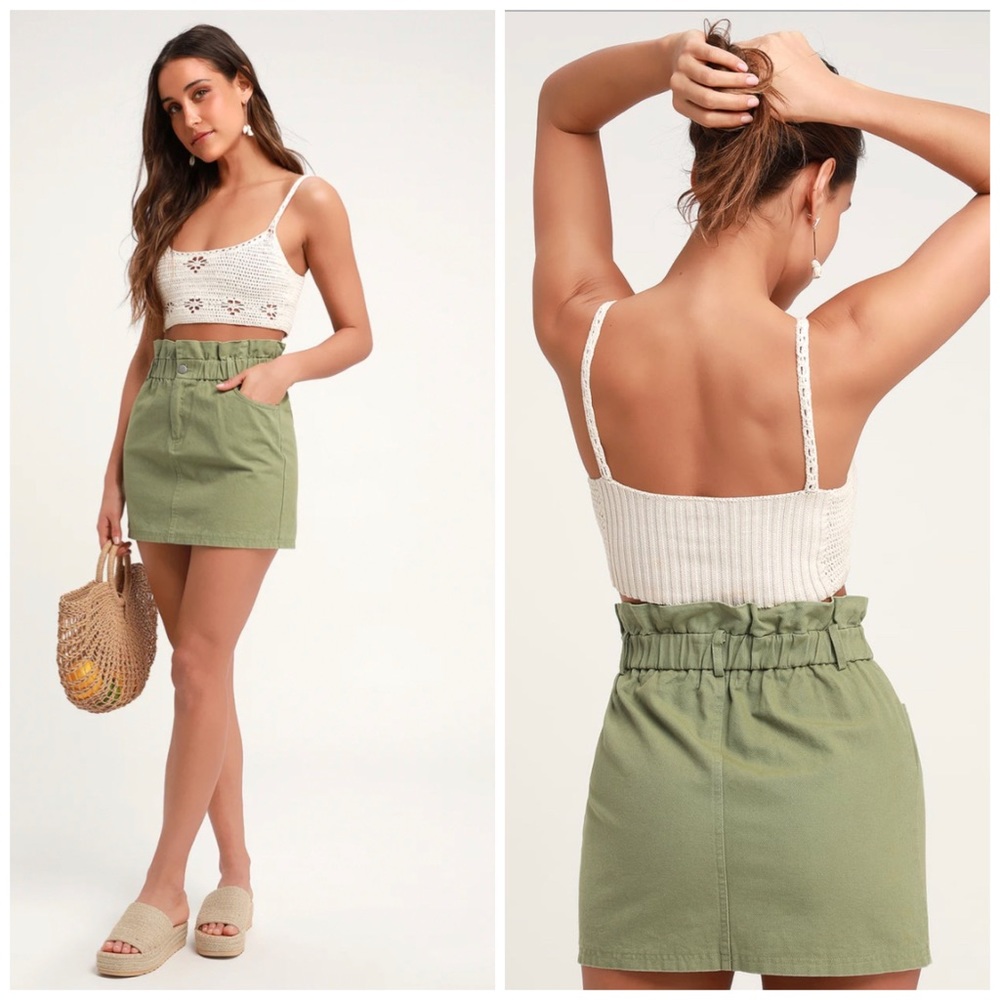 Lulus Genie Olive Green Paper Bag Waist Denim Mini Skirt